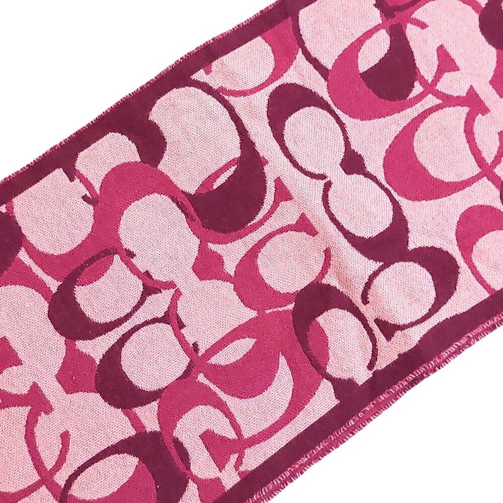 COACH Pink Multi-Color Monogram C Logo Merino Wool Pre-owned Fringed Scarf - Picture 11 of 16